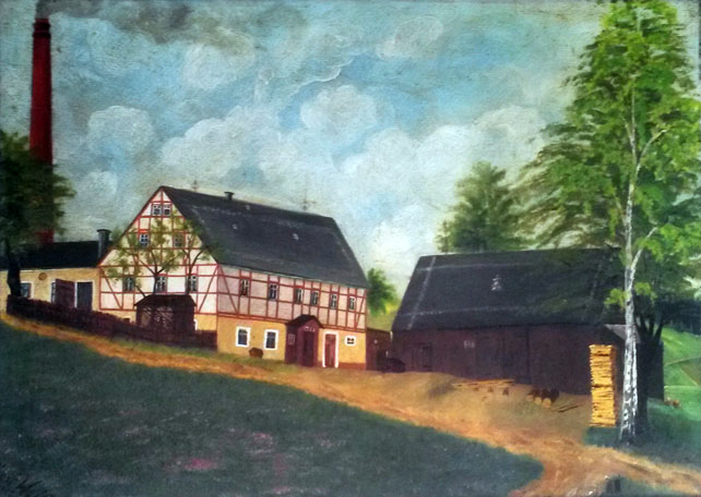 Clausnitz Nr. 8 c (heute Geleitstraße 6) um 1913, mit Anbau und dem Schornstein der großen Dampfmaschine Clausnitz Nr. 8 c (heute Geleitstraße 6) um 1913, mit Anbau und dem Schornstein der großen Dampfmaschine